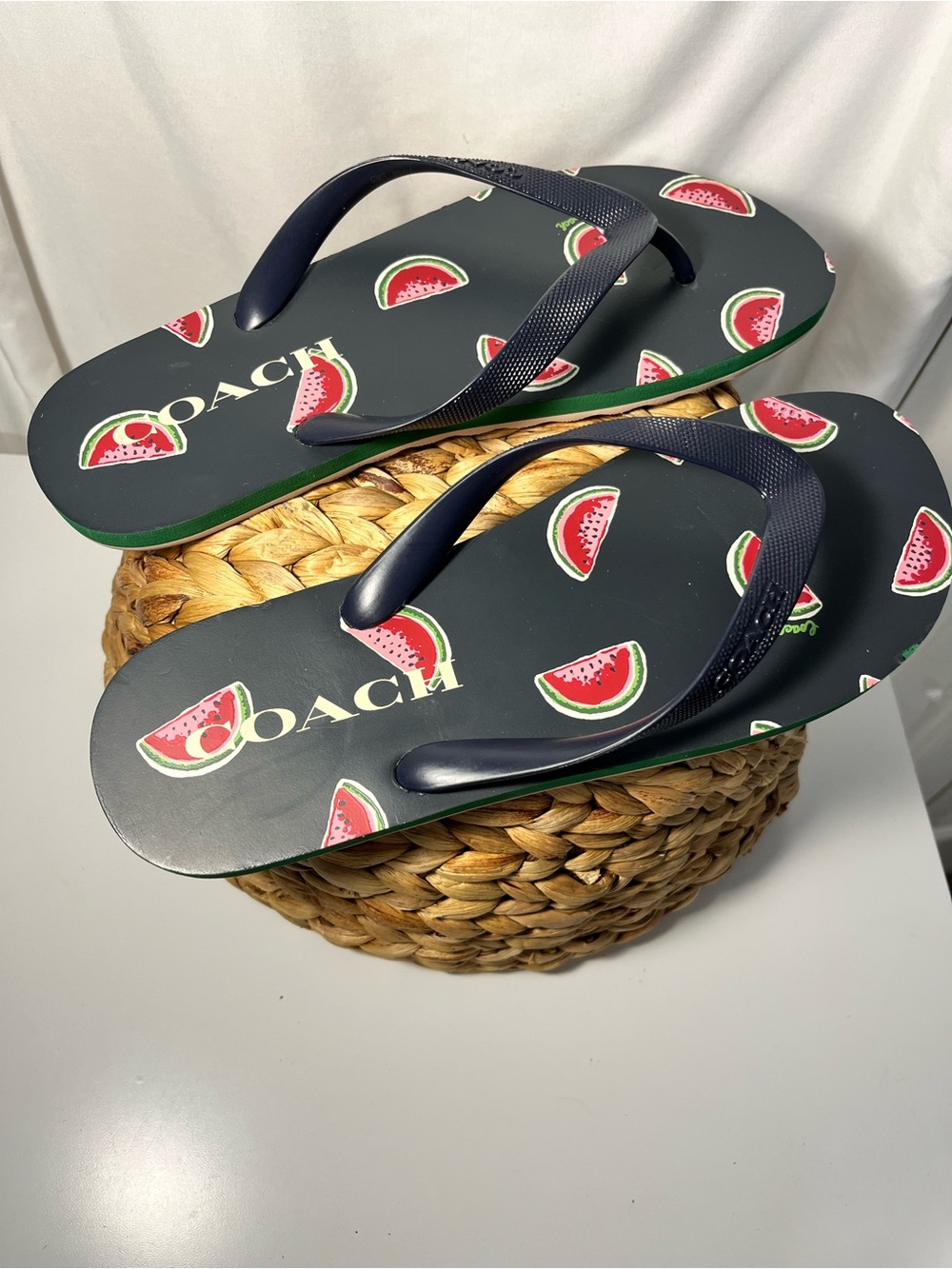Coach Navy Flip Flops with Pink & Green Watermelon Motif